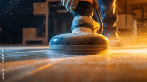 Carpenter smoothing a wooden surface with a power sander, focused on the job in a well-lit workshop, with dust flying around 