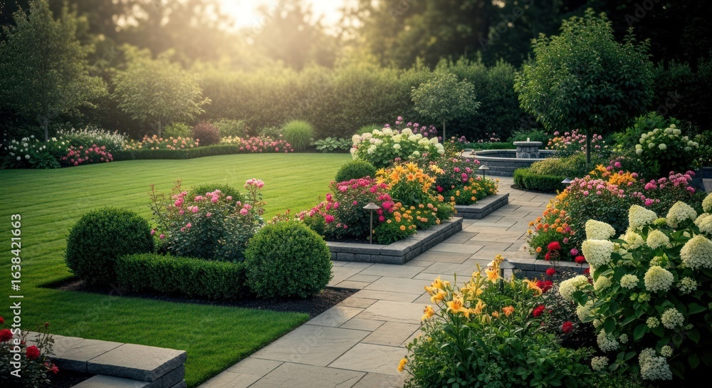 Fototapeta premium Lush garden with paved pathways, vibrant flowers, and manicured hedges
