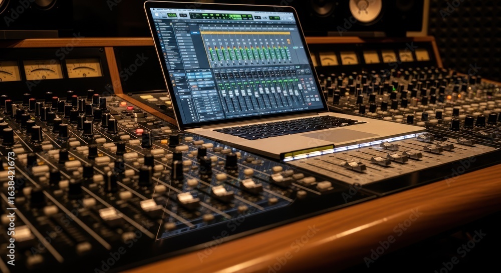 Obraz premium Laptop on professional audio mixing console. Close-up view of knobs, faders, and software