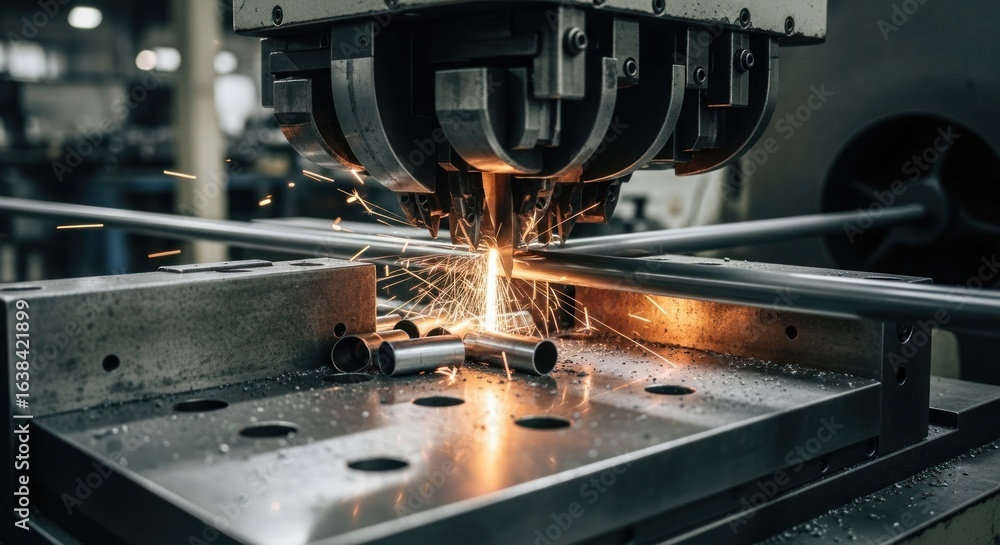 Fototapeta premium Industrial metalworking machine in action. Sparks fly as a metal bar is processed. Precision metal forming machinery