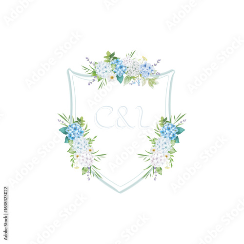 Watercolor floral crest with letter C and L blue hydrangeas, isolated on white background