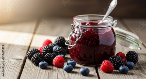 Homemade berry jam in a glass jar, surrounded by fresh berries