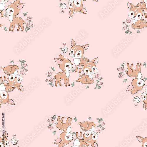 Hand drawn seamless pattern with baby deer and flowers vector, cute woodland animals