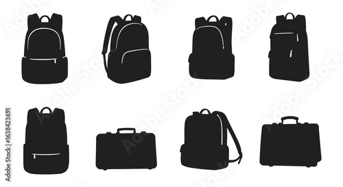 Collection of Various Backpacks and Suitcases in Black Silhouette Style silhouette
