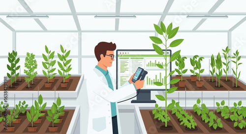 Scientist Analyzing Plant Growth Data in a Modern Greenhouse Facility