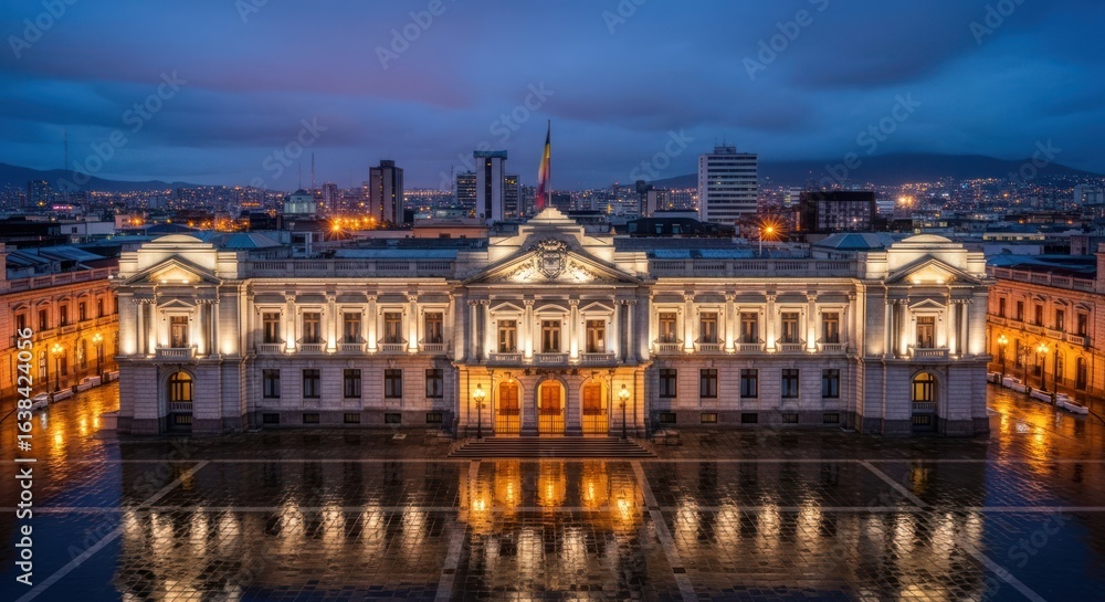 Fototapeta premium Grand government building at twilight, illuminated facade, reflected on wet plaza