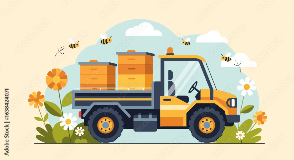 Fototapeta premium Illustrative depiction of a beekeeping truck transporting bee colonies in spring