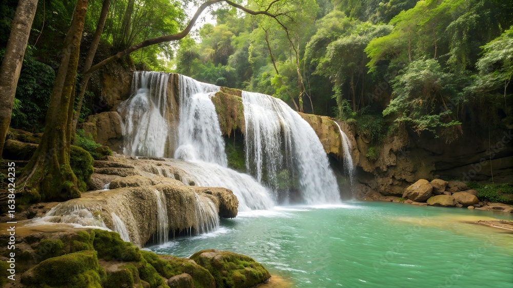 Fototapeta premium A scenic view of a tiered waterfall cascading into a turquoise pool surrounded by lush greenery