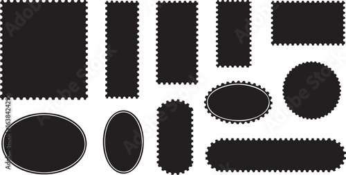 Collection of black postage stamp shapes with serrated edges