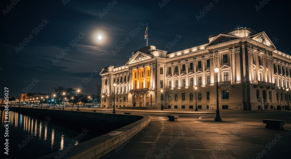 Fototapeta premium Grand government building at night, illuminated by moonlight and city lights
