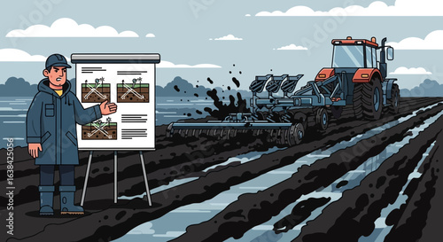 Agronomist presenting soil management techniques with tractor in field illustration