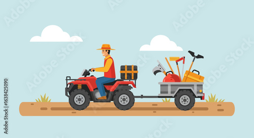 Cartoon style farmer driving ATV with a trailer full of farming implements