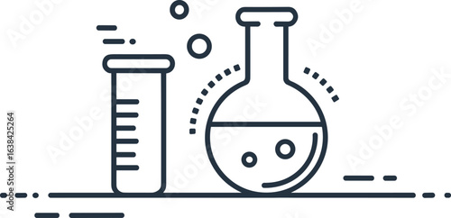 Chemical lab icon with test tube and beaker, science experiment symbol, flat line style, minimal laboratory glassware illustration