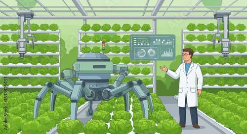 Modern hydroponic farm utilizing automated systems and robotic technology for lettuce production