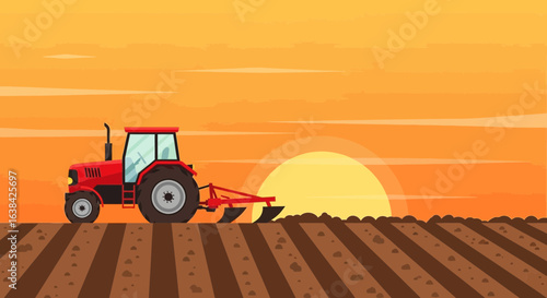 Vivid depiction of tractor plowing field at sunset evokes rustic charm