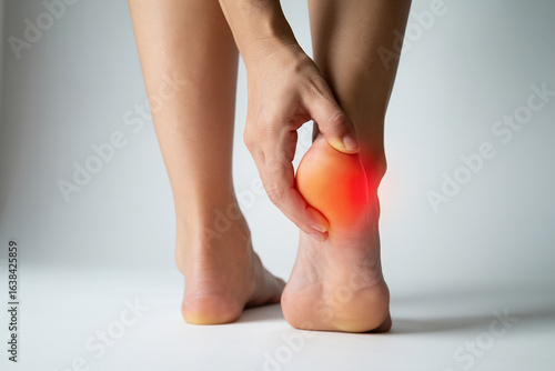 Heel Pain Relief Woman Massaging Sore Foot Area with Red Highlight Indicating Inflammation and Discomfort