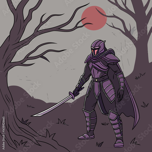 dark elf guardian with midnight purple and black armor, glowing violet eyes