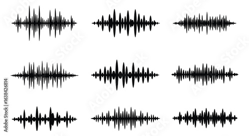 Set of Sound Waveforms in Black and White Silhouette