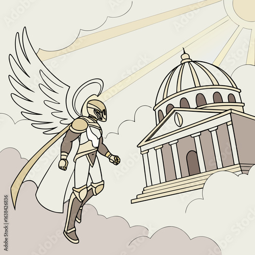 glowing guardian of light, dressed in radiant white and gold armor, wings of pure light