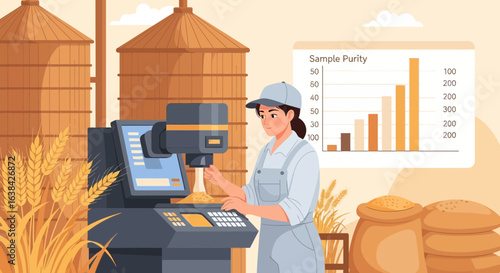 Agritech quality control illustration featuring a woman examining grain purity