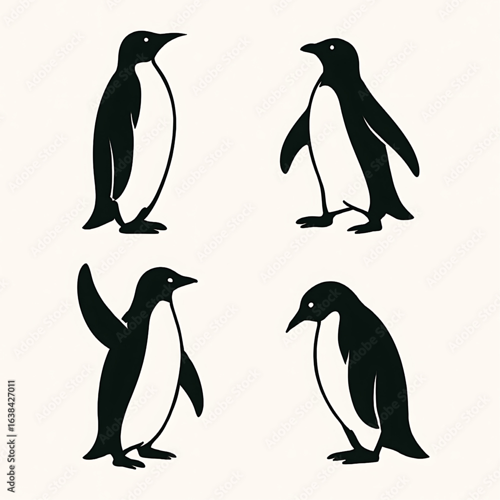 Fototapeta premium Charming collection of penguin silhouettes in different poses. Vector illustrations of the flightless Antarctic bird, suitable for zoo branding, winter themes, and climate change concepts.