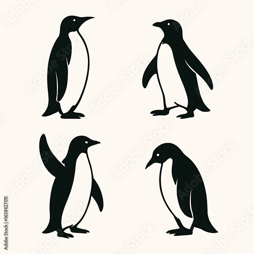 Charming collection of penguin silhouettes in different poses. Vector illustrations of the flightless Antarctic bird, suitable for zoo branding, winter themes, and climate change concepts.