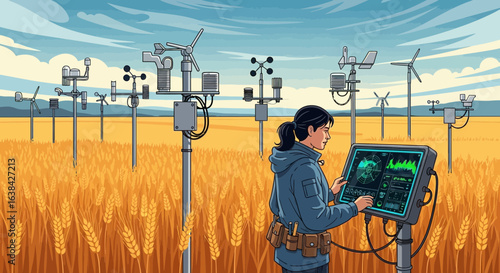 Agricultural scientist inspecting field weather stations with digital display