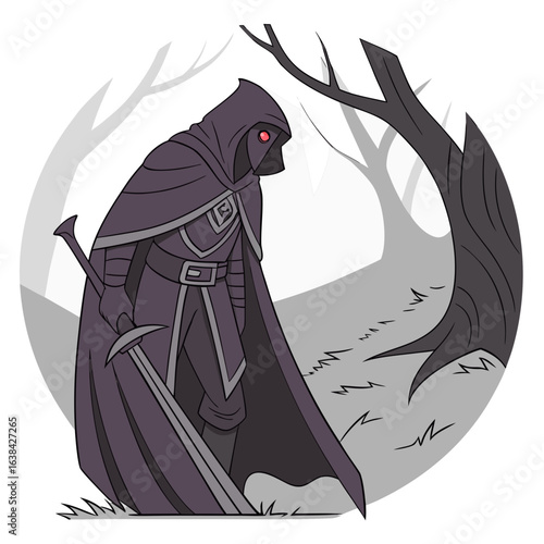 dark shadow guardian cloaked in flowing black and deep violet robes, with glowing red eyes and runes