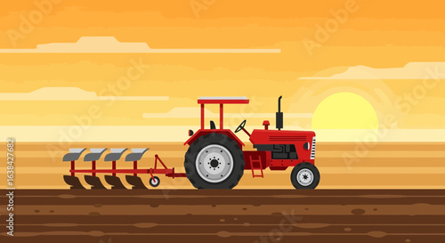 Illustrated red tractor ploughing a field at sunset, embodying agricultural innovation