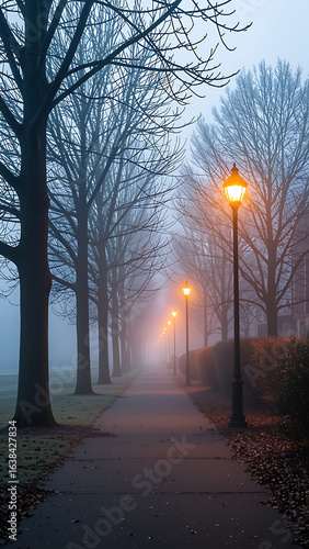 Misty park pathway with glowing lampposts on a cold winter morning