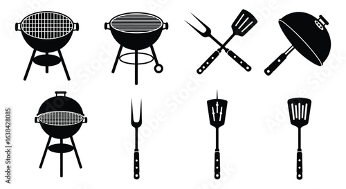 Barbecue Grill and Utensil Collection in Black and White Silhouette