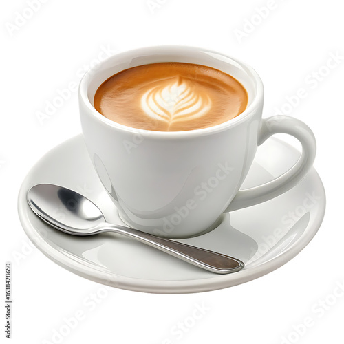 White cup of coffee with latte art isolated on transparent background