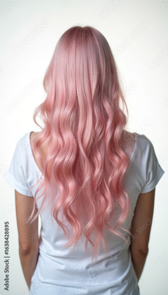 Obraz premium Back view of person with long, wavy pink hair wearing a white top. Pastel hair color creates a soft, feminine look. Trendy style implies youth, confidence, and modern glamour.