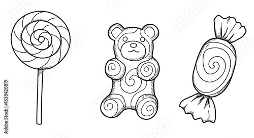 Outline set of candy swirl icons including lollipop, bear, and sweet  