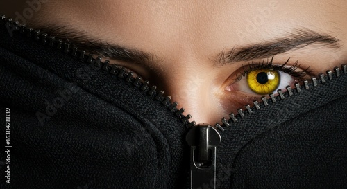 Close-up of woman's intense yellow eyes peeking from behind a black zipped hoodie.