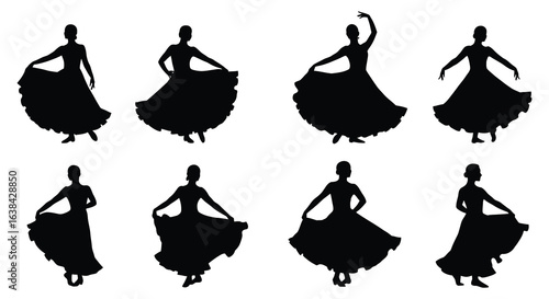Elegant Flamenco Dancer Poses in Silhouette Style on White Background silhouette