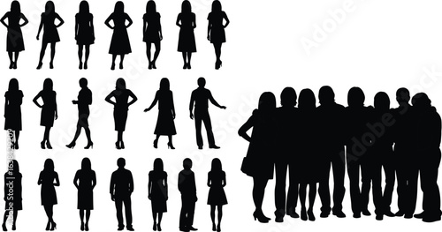 Silhouette of diverse men and women standing, business teamwork, group collaboration, human figures, people community, crowd illustration, professional social interaction, unity concept