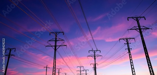 High-voltage power lines strung between tall utility poles,  infrastructure,  transmission lines