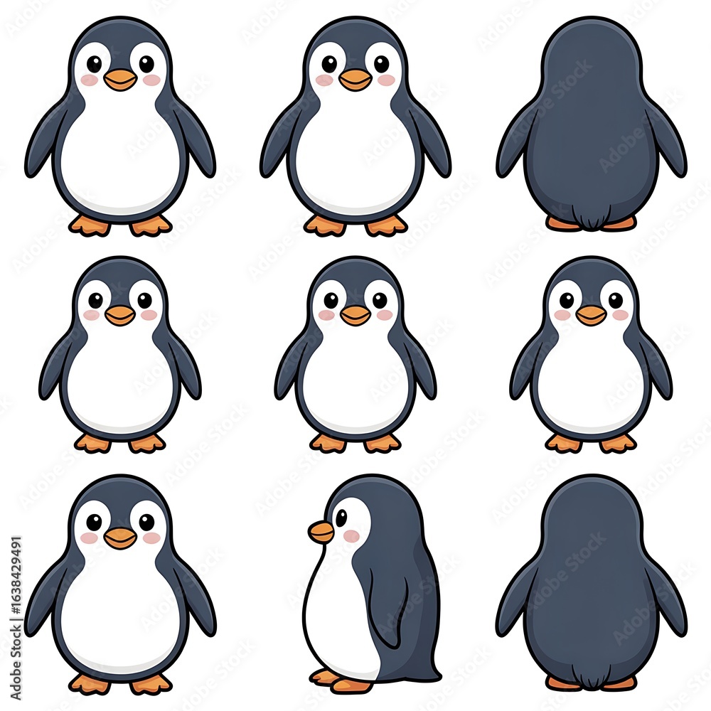 Naklejka premium Collection of Adorable Penguin Illustrations Featuring Front, Side, and Back Views on a White Background Suitable for Children's Content