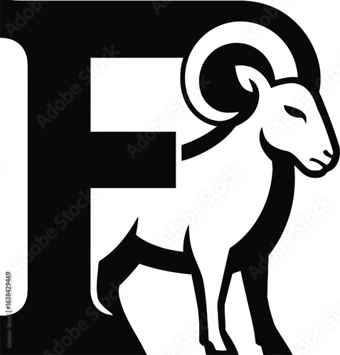 Ram Mascot with Letter F Symbolic Representation of Strength and Determination in a Bold Black and White Design