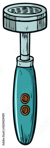 Cartoon illustration of a teal electric facial cleansing brush with two buttons