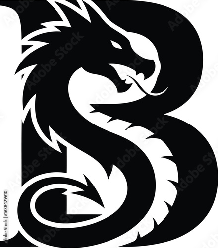 Stylized Dragon Letter B Logo in Black and White with Elegant Curves and Sharp Details a Symbol of Strength