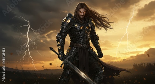 Dark knight in full armor, long hair, holding sword, stormy sunset background.