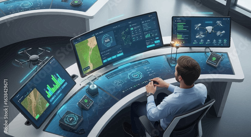 Advanced technological control center featuring drone supervision with operator