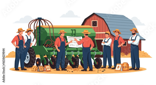 Farmers planning sowing strategy with modern tractor equipment and barn