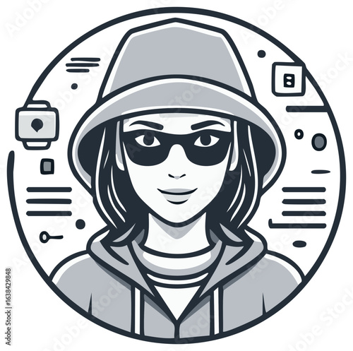 Cybersecurity icon with anonymous woman hacker in hoodie and sunglasses