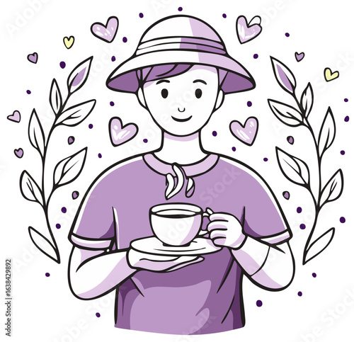 Person wearing a hat holding a cup of coffee with a cheerful expression and floral elements.