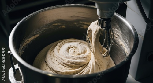 Dough being mixed in a large stainless steel mixer