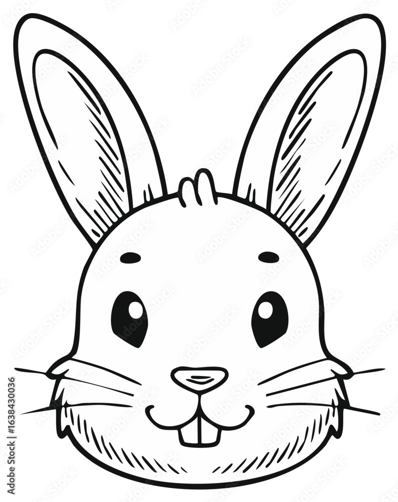 Fototapeta premium Cute cartoon rabbit face illustration black and white line art coloring page