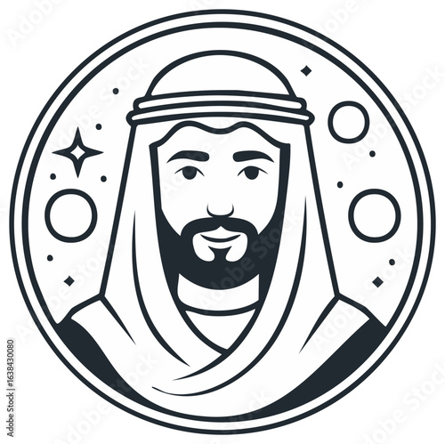 Middle Eastern Man with Headdress Outline Illustration in Circle Border with Stars and Planets